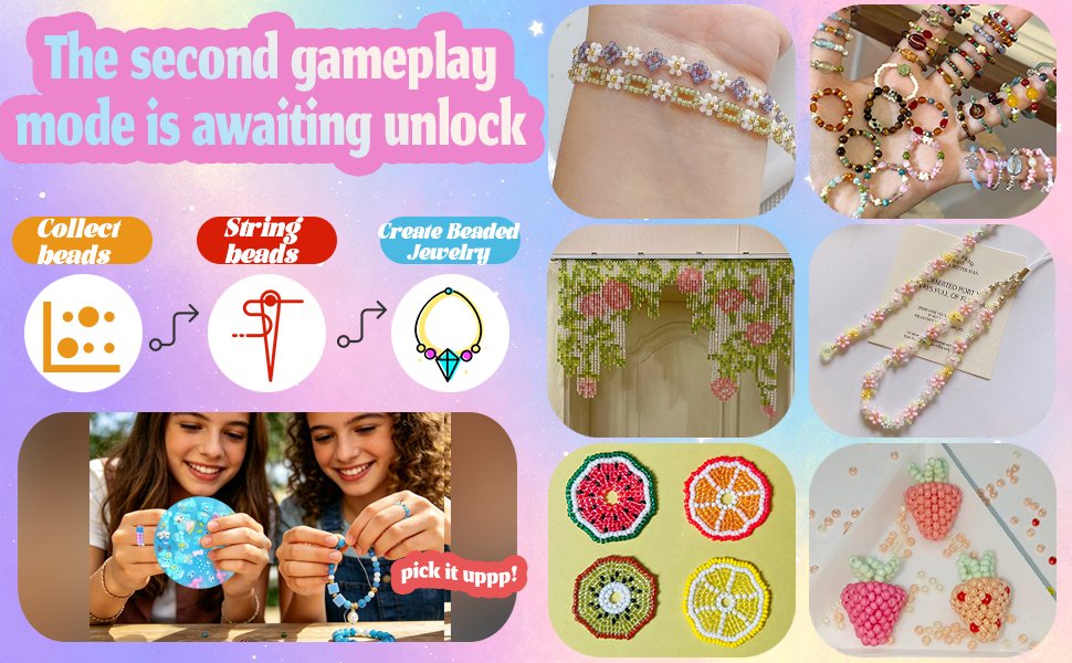 Second gameplay mode: beads picked from Pixnest pads restrung into bracelets, phone chains and beaded decorations